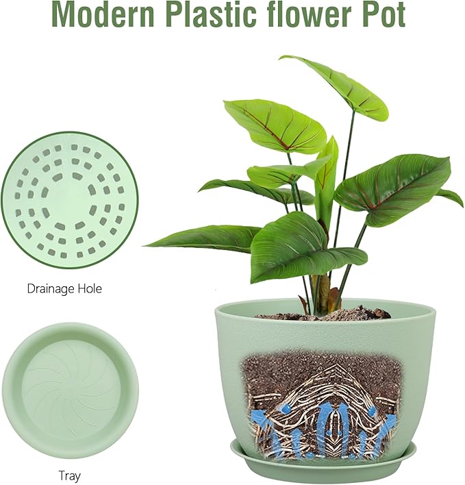 12 inch Big Plant Pots, Plastic Planters with Drainage Holes and Trays, Flower Pots for Indoor Outdoor Plants, Modern Decorative Pots for Garden House Plants, Green