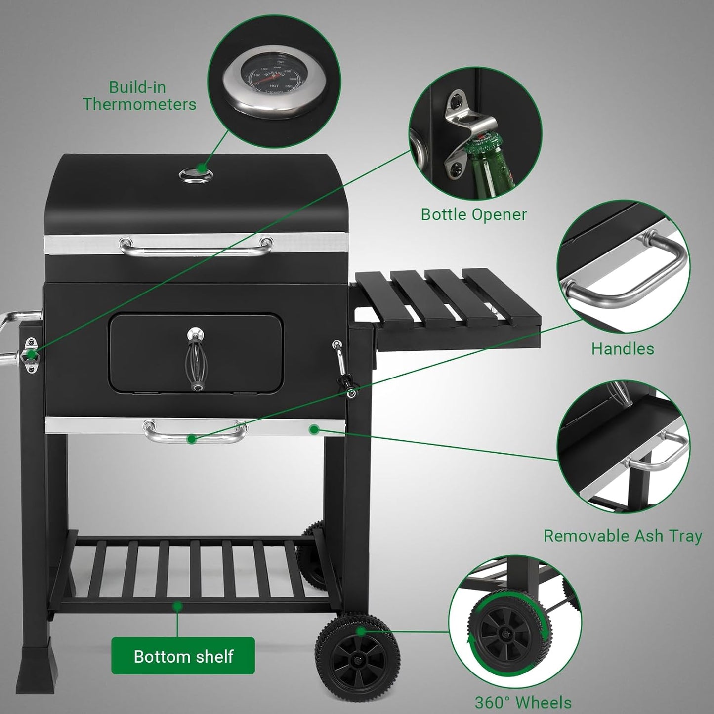 Outvita Large Barrel Charcoal BBQ Grills with 794 SQ.IN. Cooking Area, Outdoor Barbecue Grill with Adjustable Charcoal Tray & Foldable Side Table for Backyard Patio Picnic