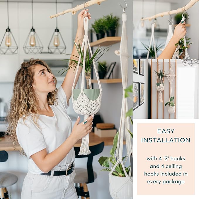 Nook Theory 4-Pack Macrame Plant Hanger - with 8 Ceiling Hooks - Hanging Planter Indoor Outdoor - Hanging Plant Holder - Decorative Bohemian Plant Hangers - Hanging Plants (Pearl)