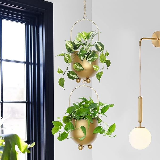 AceList Boho Gold Metal Hanging Planters, Set of 2 with Hooks & Chains - Versatile Wall & Ceiling Plant Hangers for Indoor/Outdoor Décor