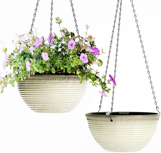 2 Pack Hanging Planters for Indoor Outdoor Plants, 10 Inch Hanging Planter with Drainage Hole & Plug Glazed Hanging Baskets Flower Pots for Garden Home (Off-White)