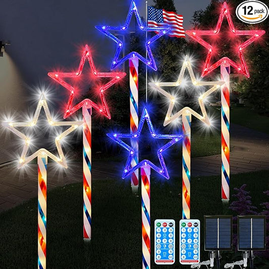 4th of July LED Big Star Pathway Lights Patriotic Lights Outdoor, for Memorial Day Independence Day Any Patriotic Decorations, 8 Mode Remote Control Solar Powered(2 Pack, 180 LED)