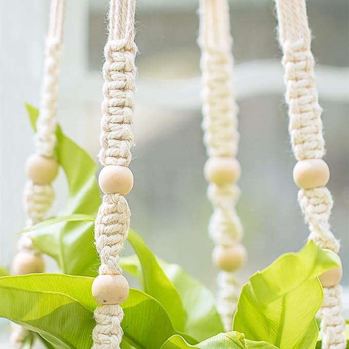 Mkono 43 Inch Macrame Plant Hanger Large for up to 12 Inch Pot Extra Long Hanging Plant Holder No Tassels Hanging Planter Basket with Wood Beads for Indoor Outdoor Boho Home Decor, Ivory