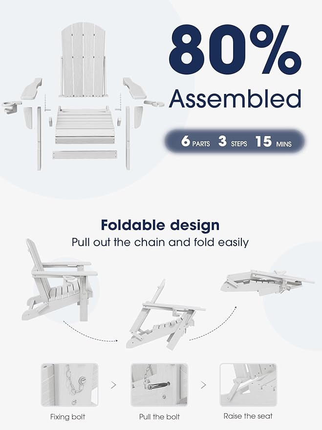 KINGYES Folding Adirondack Chair Set of 6, Dual Cup Holders & All-Weather HDPE, Wood-Like Patio Chair for Backyard, Camping, Pool & Fire Pit, White