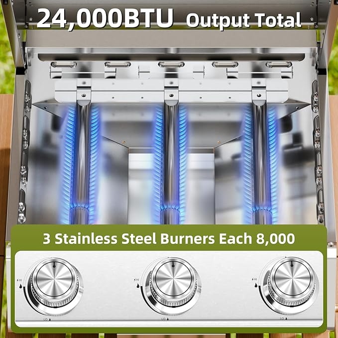 3-Burner 24,000 BTU Portable Flat Top Propane Gas Grill, Heavy-Duty Stainless Steel 2-in-1 Tabletop Grill and Griddle Combo for Commercial BBQ, Outdoor Cooking, Camping,Tailgates & Backyard