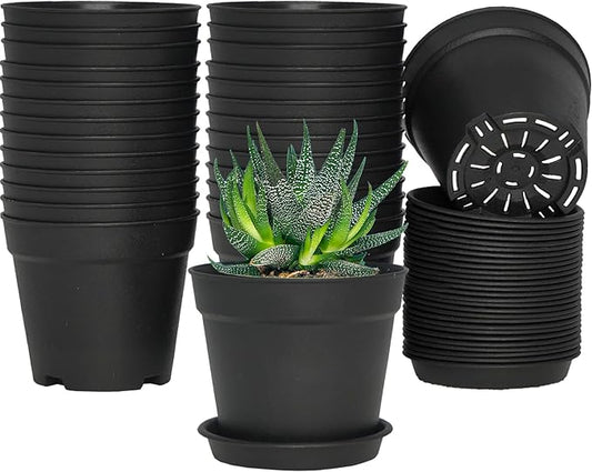4 inch Small Plant Pots, 28 Pack Plastic Planters with Drainage Holes and Saucers for Flowers Plants, Succulents, Seed Starting Pots, Black