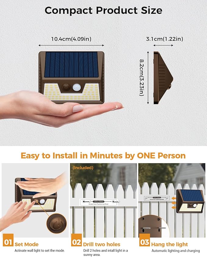 12 Pack Solar Motion Lights for Outside, Waterproof Fence Lights Outdoor, Warm White LED Wall Lights Wireless for Yard Steps Stairs Garden - Brown