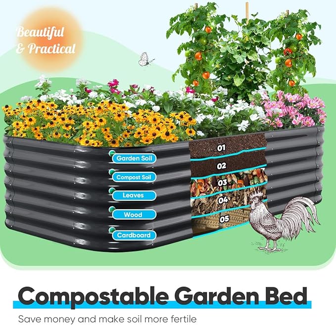 Quictent Galvanized Raised Garden Bed Kit, 8x4x2 ft Oval Metal Planter Box Tall for Vegetables Outdoor Backyard, Rubber Strip Edging Included (Dark Gray)