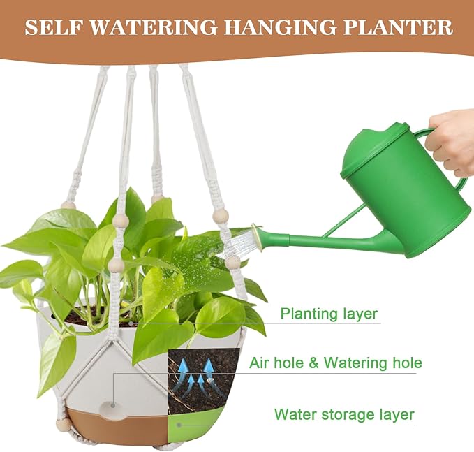 3 Pack Hanging Planters for Indoor Plants, 10 + 10 + 8 Inch Self-Watering Hanging Plant Pot, Macrame Plant Hanger with Pot, Ceiling Hooks, Removable Saucer and Drainage Holes for Garden Home - White