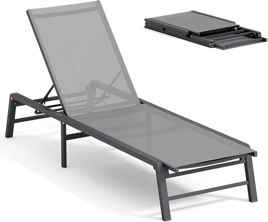 Aluminum Chaise Lounge Chair Outdoor, Foldable Patio Lounge Chair Assemble-Free, Pool Lounge Chairs with 5 Adjustable Backrest, Outdoor Lounge Chairs for Outside Poolside Beach Lawn Grey