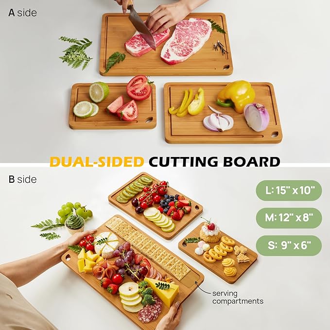 Bamboo Cutting Board, Durable Wood Cutting Boards for Kitchen with Deep Juice Grooves & Built-in Handles, Ideal Charcuterie & Chopping for Meat, Vegetables and Fruits Ideas Kitchen Gift for Home Cooks