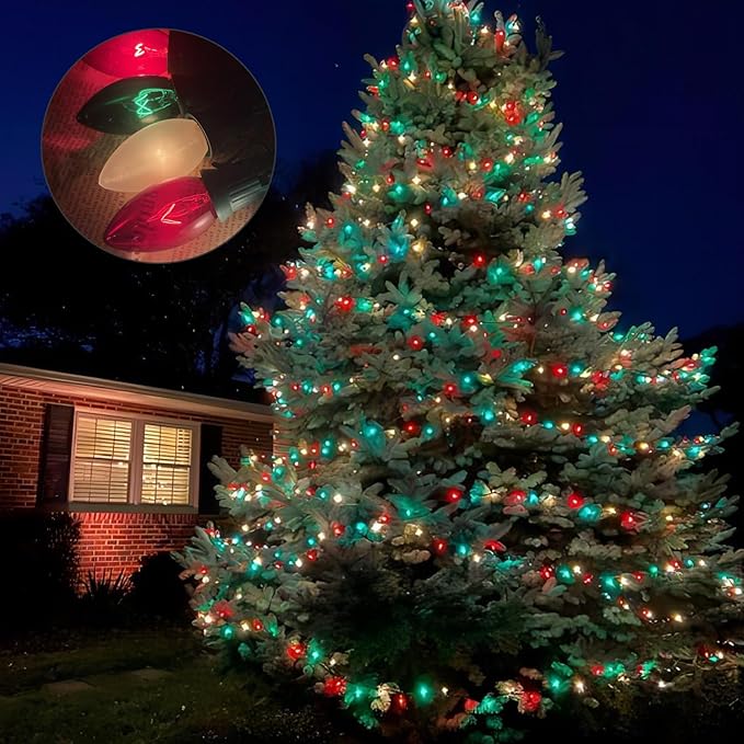 25FT C9 Christmas Lights Outdoor,Red White Green Christmas Lights with 26 Bulbs(1 Spare),C9/ E17 Base,Vintage Colored Christmas Lights for Garden, Yard, Party, Christmas Tree Decorations