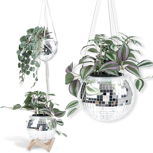 6" Disco Ball Planter – Rotating Mirror Planter with Macrame Hanger & Wooden Stand for Indoor and Outdoor Plants