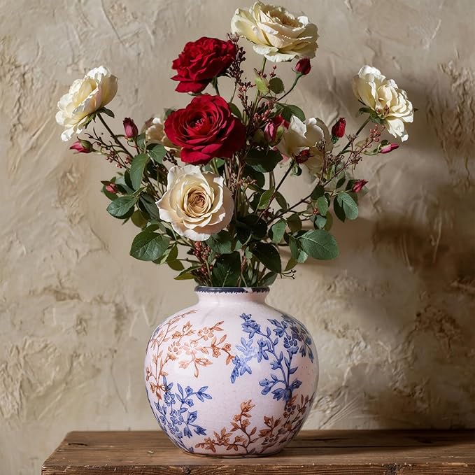 Blue-and-White Vintage Round vase, Chinese-Style Porcelain Blue vase, Suitable for Home Decor, Living Room Coffee Table, Office, Rustic Farmhouse Dining Table Centerpiece, and Tabletop Decoration.