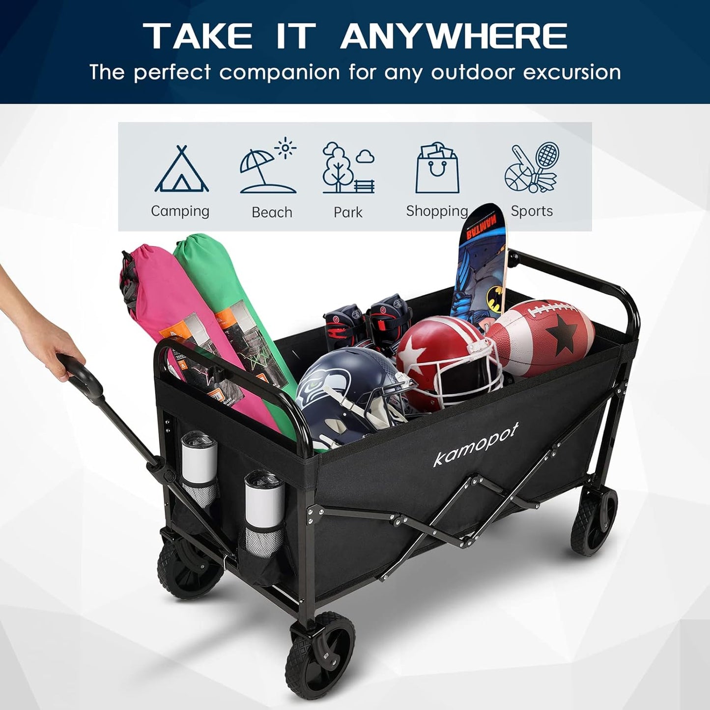 Large Collapsible Wagon Foldable for Grocery, Beach, Park, Yard, 34 x 18 Inch Inner Storage. Folding Utility Shopping Cart on Wheels. Heavy Duty, Durable w/Cupholders (Black)