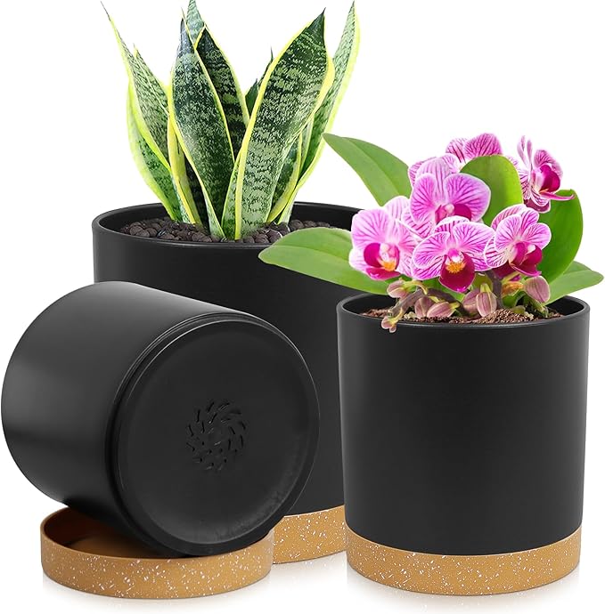 3 Pack 6/5/4 inch Cylindrical Flower Pots, Modern Small Round Plastic Plant Pots with Drainage Holes & Saucers, Clean and Refined Planter Pots for Outdoor, Indoor & Office Decor (Black Brown)