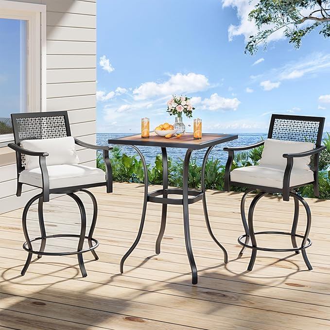 AECOJOY Outdoor Height Bar Table, 36'' Metal Frame Bar Table Bistro Square Table with Wooden Top, High Top Outdoor Pub for Patio Garden Lawn Poolside, Brown