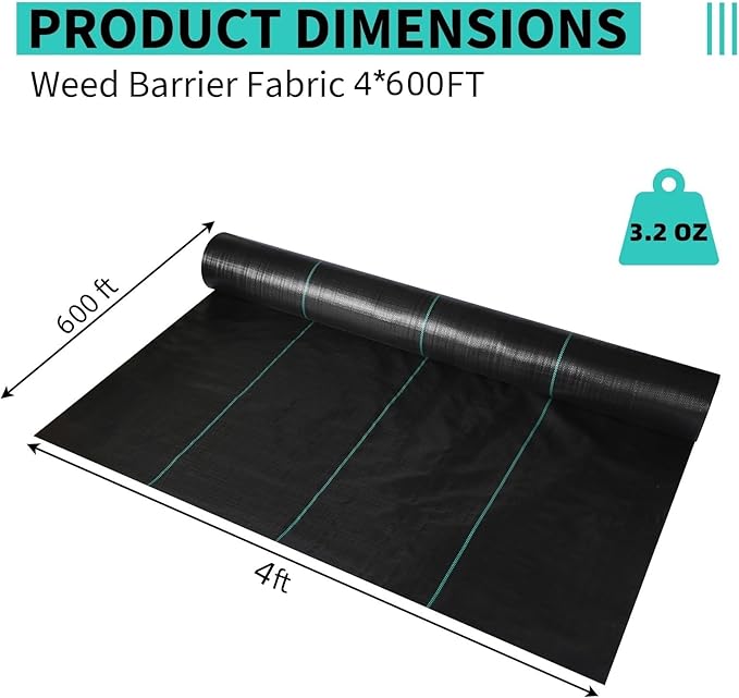 4ftx600ft Heavy Duty Weed Barrier Landscape Fabric – Durable Woven Driveway Garden Cloth for Weed Control, Ground Cover, Landscaping – Long-Lasting Geotextile Fabric – 3.2oz