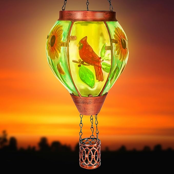 4 Pack Solar Hot Air Balloon Lantern With Flame, Cardinal Glass Solar Hanging Lights Outdoor Yard Patio Farmhouse Decoration, Gifts for Women Grandma Mom