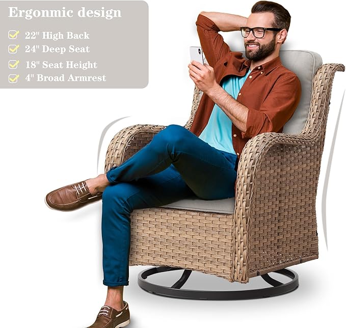 Wicker Outdoor Furniture Patio Furniture Set - 6 Piece Patio Conversation Set with Swivel Rocker Chairs, Rattan Sofa, Ottomans and Coffee Table, Beige Cushion