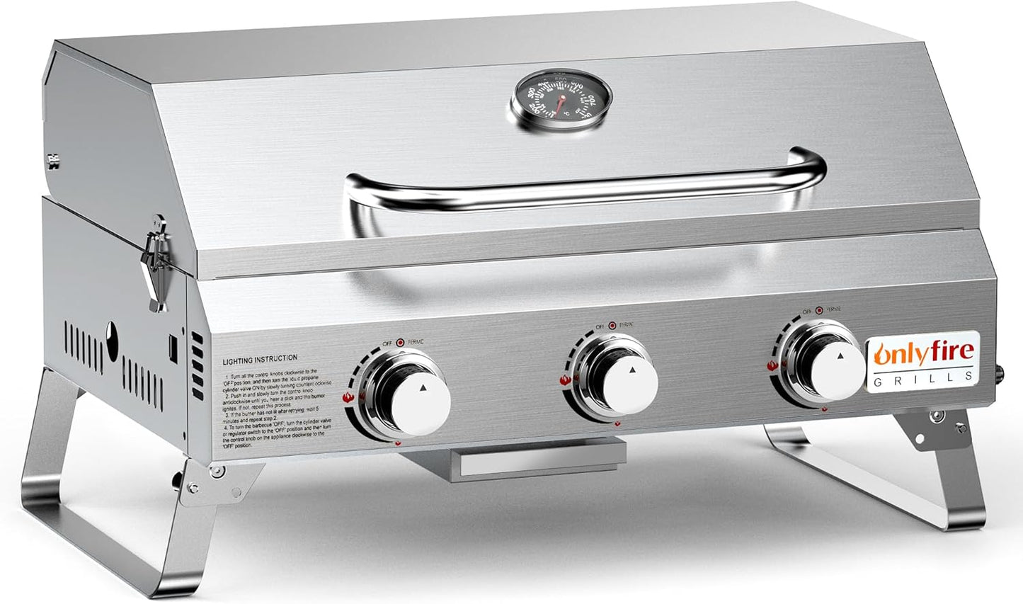 Tabletop Gas Grill 3 Burners, Stainless Steel Portable Propane Grill with Foldable Legs for Outdoor Patio Backyard Camping, Tailgating, RV Trip, Heavy Duty & 24000BTU, GS307