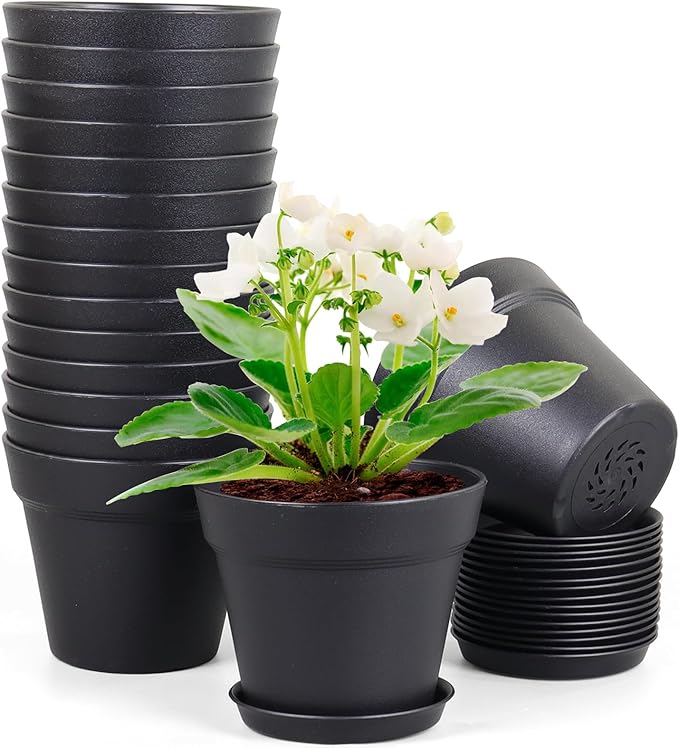 4 inch Small Plastic Nursery Pots, Seedling Pots - 16 Pack Plant Pots for Indoor & Outdoor Plants, Decorative Flower Pots with Drainage Holes and Saucers, Black