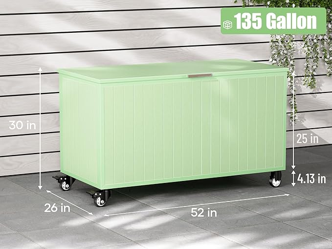 135 Gallon Outdoor Storage Box with Swivel Wheels, Waterproof Aluminum & Polylumber Deck Box, Patio Storage Box with Lid for Patio Furniture, Garden Tools, Outdoor Cushion