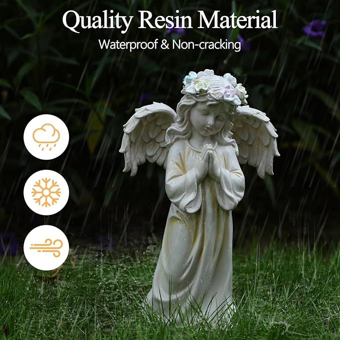 2pcs Angel Garden Statue, Warm Light Solar Garden Decor,Waterproof Outdoor Garden Decor Praying Angel Figurine Sculpture for Mom or Birthdays, Lawn Yard Patio, Sympathy Gift, White