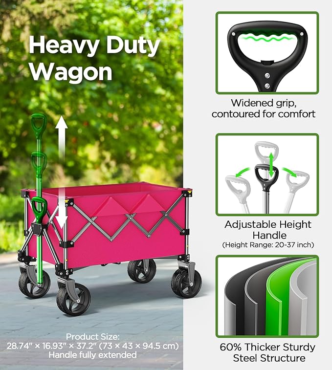 Beach Wagon,Collapsible-Wagon 220lbs with Big Wheels FoldableWagon Carts,Portable Utility for Garden Grocery Sports Camping All Terrain-Pink
