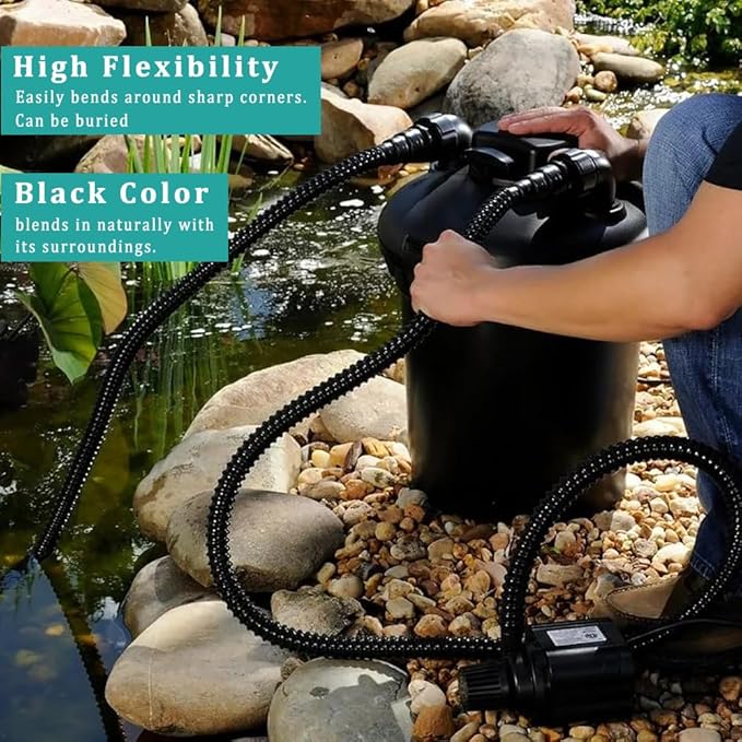 Pond Hose ID 3/4” × 50ft Black Corrugated Flexible Reinforced PVC Hose Vinyl Tubing for Pond Pump Fountain Garden Waterfall, Non-toxic & Kinkproof, with 2 clamps