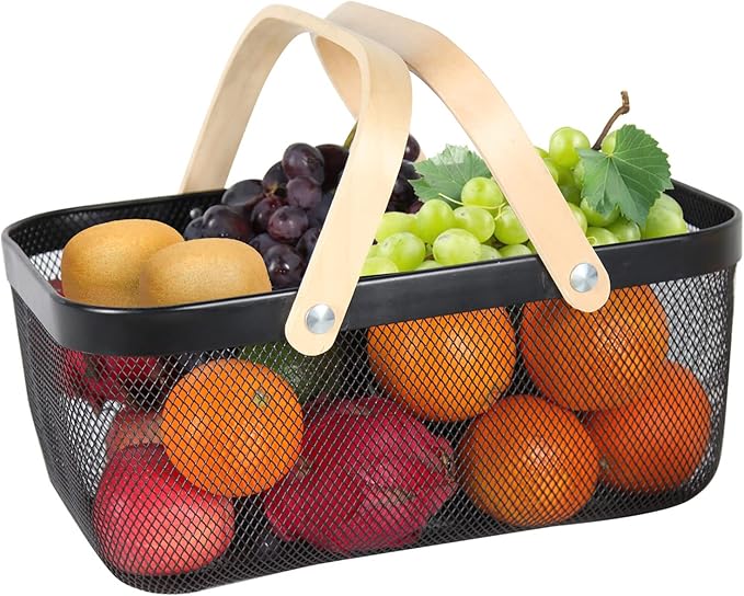 Garden Harvest Basket,Delicate Harvest Basket for Garden Vegetables,Practical Metal Mesh Wire Basket with Handle Suitable for Bathroom,Cabinet,Kitchen(Black)