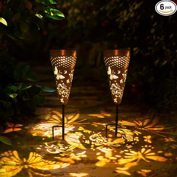 DIBIEECN 6 Pack Butterfly Solar Pathway Lights Outdoor,Metal Garden Decorations Outdoor Lights with Patterns and Warm Light,Waterproof Landscape Lighting for Path Patio Backyard Walkway Yard