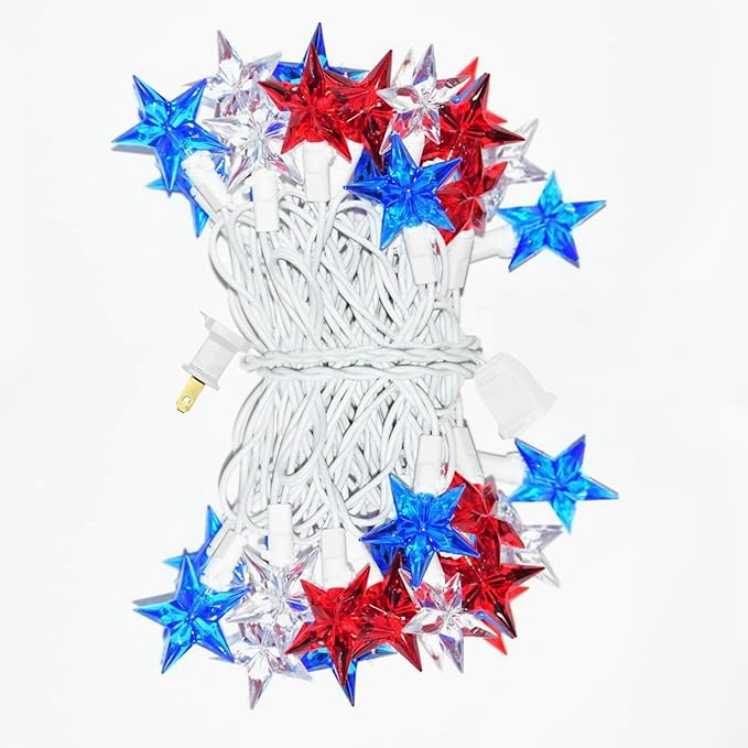 50 LED Red White and Blue Star Lights, 18.5FT 4th of July Lights Plug in, Patriotic Decorations Outdoor Star String Light for Home Patio Porch Garden Memorial Day Independence Day Decor, White Wire