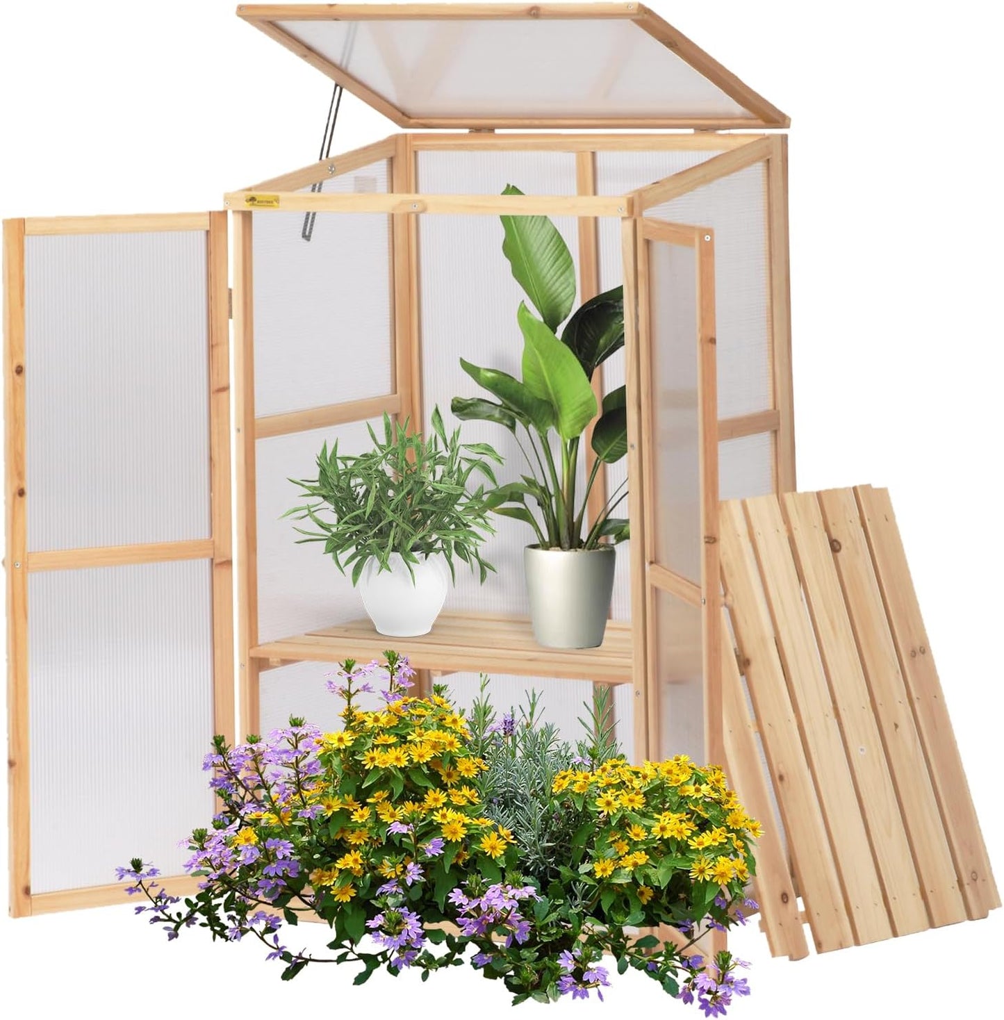 BIGTREE Wooden Green House Mini Greenhouse Indoor/Outdoor Nursery Vented Cold Frame Portable Garden Planter Raised Plants Top Opening Door (27"X19"X47")