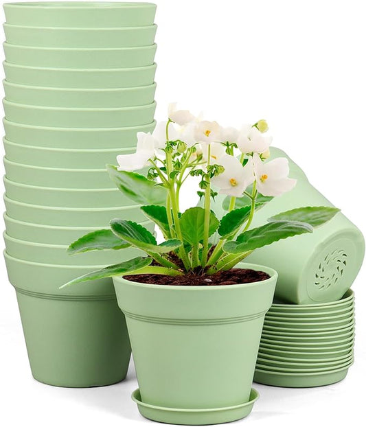 4 inch Small Plastic Nursery Pots, Seedling Pots - 16 Pack Plant Pots for Indoor & Outdoor Plants, Decorative Flower Pots with Drainage Holes and Saucers for House Plants, Green