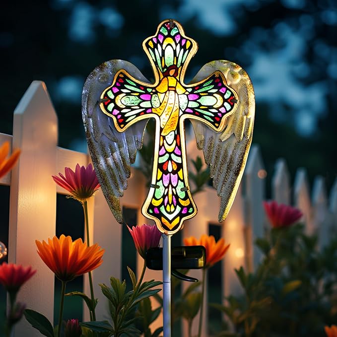 TEDOF Solar Glass Cross Stake Lights Outdoor Garden Lights,Cemetery Decorations for Grave,Jesus Cross Angel Wings Memorial Gifts for Mom,Yard Lawn Garden Patio Christmas Decor