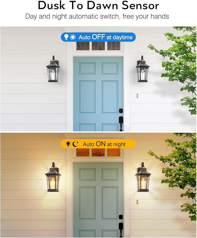 VIANIS Dusk to Dawn Outdoor Wall Lighting, Exterior Light Fixture Wall Mount for House Front Porch Light, Black Anti-Rust Aluminium Modern Outside Coach Lantern with Tempered Glass Shade for Garage