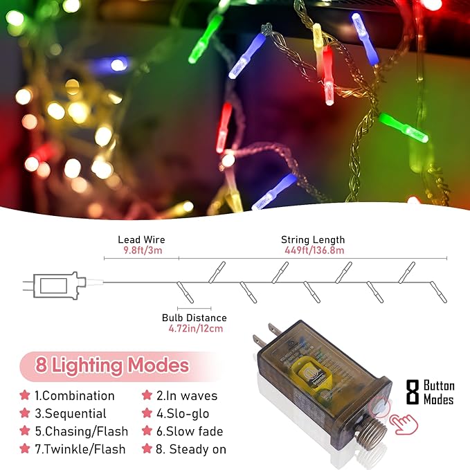 Heceltt 1140 LED 449 FT String Lights Outdoor, 8 Modes Christmas Lights Plug in, IP44 Waterproof Led String Lights with Timer and Memory for Xmas Yard Party Garden Decorations (Multicolor)