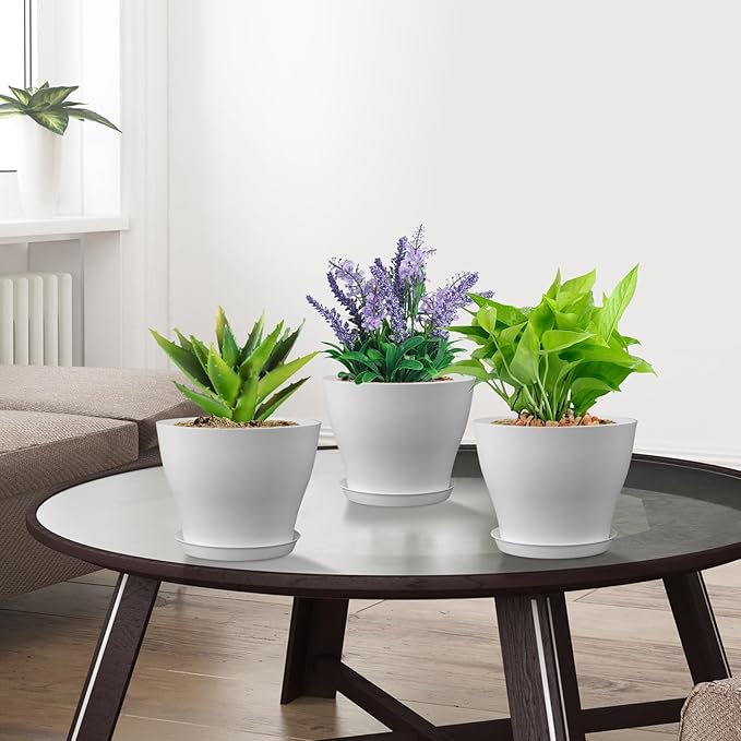 6 inch Plastic Nursery Pots, 16 Pack Plant Pots for Small Indoor Outdoor Plants, Flower Pots with Drainage Holes and Saucers, Decorative Seedling Starter Planters for House Plants, White