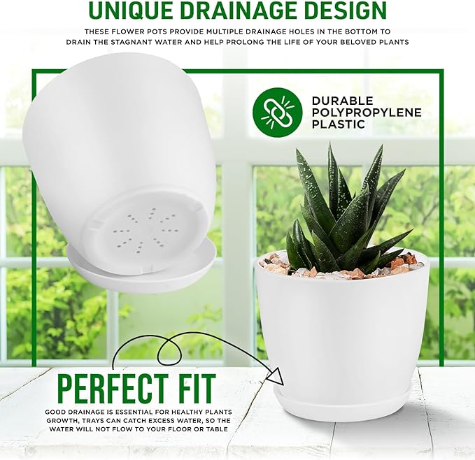 Eco Friendly Plant Pot Set - 10-Pack Home Decor Flower Indoor and Outdoor Plastic Pots with Drainage Holes, Assorted Sizes (7", 6.6", 6", 5.3", 4.8") - Stackable Garden Versatile Planters