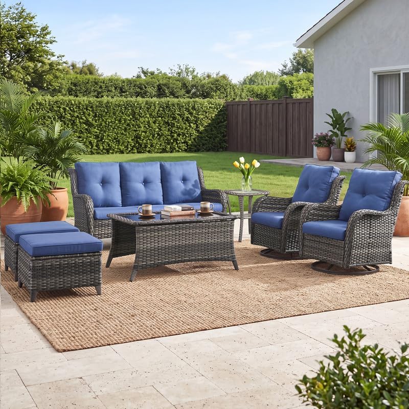 7 Piece Grey Wicker Patio Furniture Set, Rattan Outdoor Furniture by Rilyson