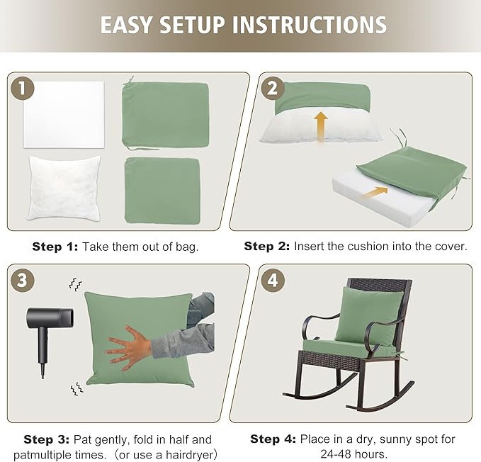 Outdoor Chair Cushions, Waterproof Outdoor Cushions for Patio Furniture w/Fade-Resistant, Removable & Machine-Washable Covers, 19x19 Inch, Ideal for Seat in Gardens/Porch – Set of 4, Sage Green