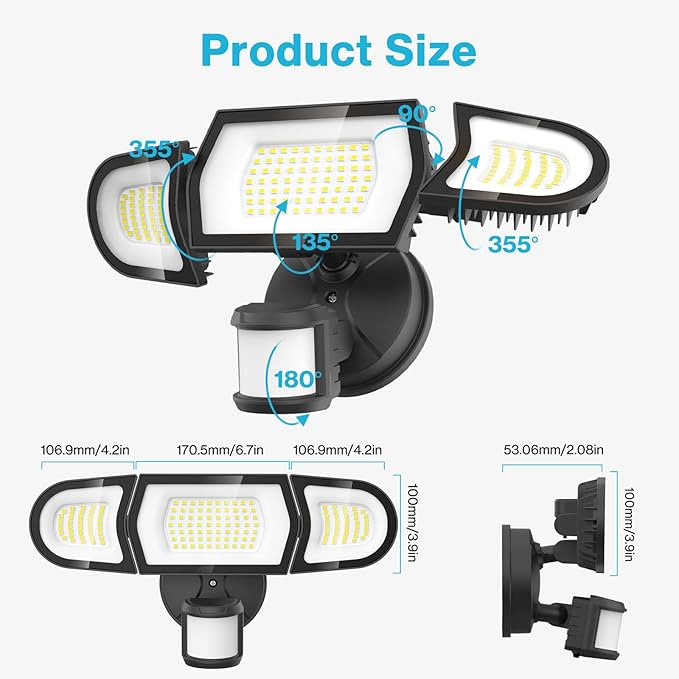 Olafus 100W LED Security Light Motion Sensor Outdoor Light, 2 Pack Motion Flood Light Dusk to Dawn, 9000LM Super Bright 6500K Exterior Motion Detector Floodlight for Garage Yard Porch Eave IP65, Black