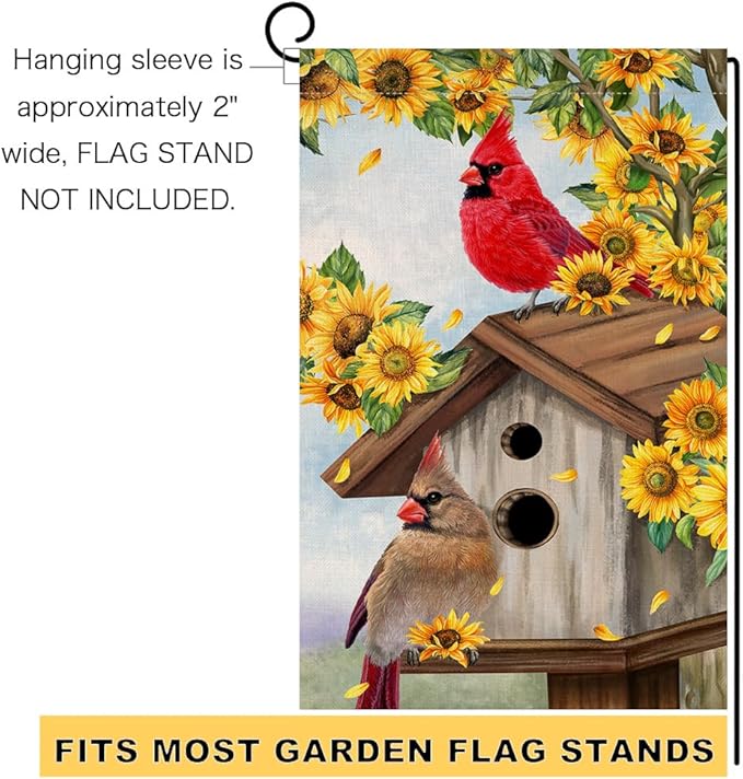 BLKWHT Summer Sunflowers Cardinal Bird Garden Flag 12x18 Vertical Double Sided Yellow Flowers Spring Farmhouse Holiday Outside Decorations Burlap Yard Flag BW815