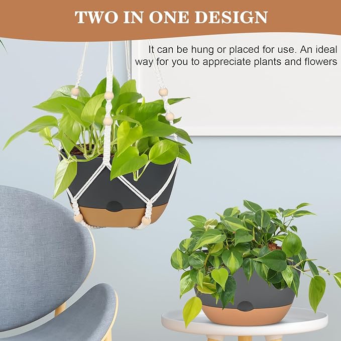 3 Pack Hanging Planters Set, 10 + 10 + 8 Inch Self-Watering Hanging Plant Pot, Macrame Plant Hanger with Pot, Ceiling Hooks, Removable Saucer and Drainage Holes for Indoor, Outdoor Plants - Black