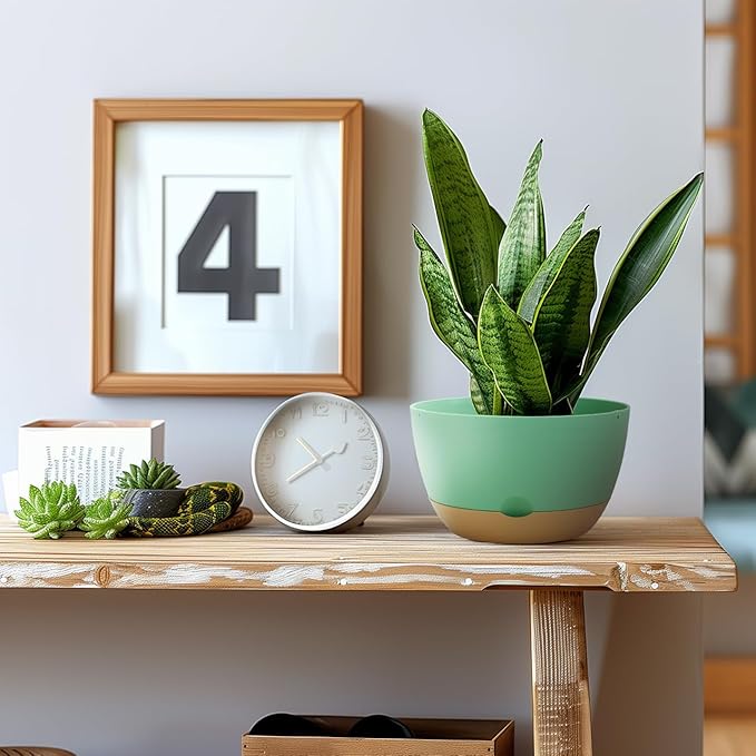 8/10/12 Inch Pots for Indoor Plants, Large Self Watering Planters with Drainage and Saucers, Plastic Outdoor Flower Pot, Set of 3, Green