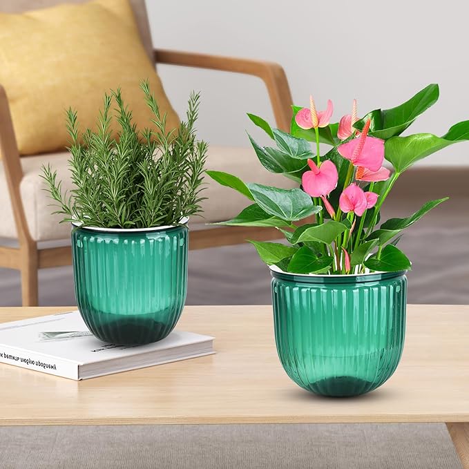 4Pcs Self Watering Hanging Planters, 6.5'' 4.5'' Hanging Flower Pots, Plastic Hanging Plant Basket with Drainage Holes, Visible Hanging Planters for Indoor Plants Garden Home(Emerald)