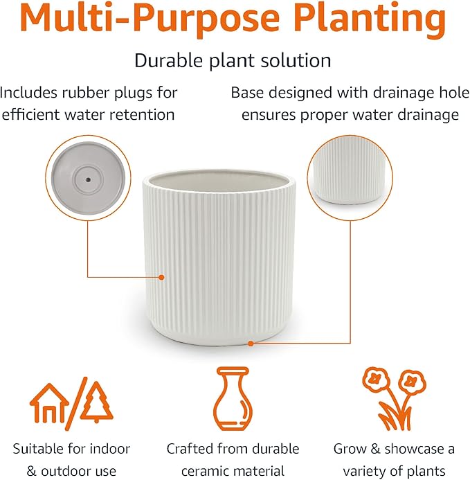 Amazon Basics Fluted Ceramic Round Planter, 10-Inch, White