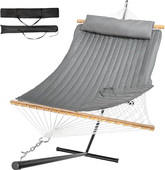 2 Person Outdoor Hammock with Stand, Cotton Rope Hammock with Polyester Pad, Adjustable Steel Frame, Portable with Carrying Bag – for Patio, Backyard, Garden, Beach, Urban-Gray