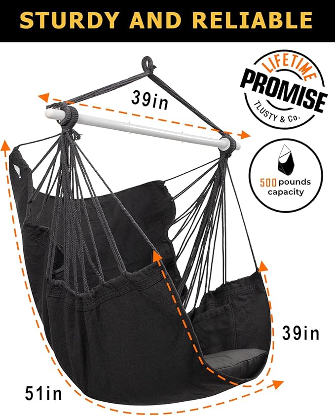 ADVOKAIR Hammock Chair Swing (500 lbs Max-2 Cushions) - Hanging Hammock Chair Rope Swing Indoor for Bedroom, Outdoor, Patio, Bedroom, Porch, Deck - Sturdy Steel Bar with Anti-Slip Safety Rings